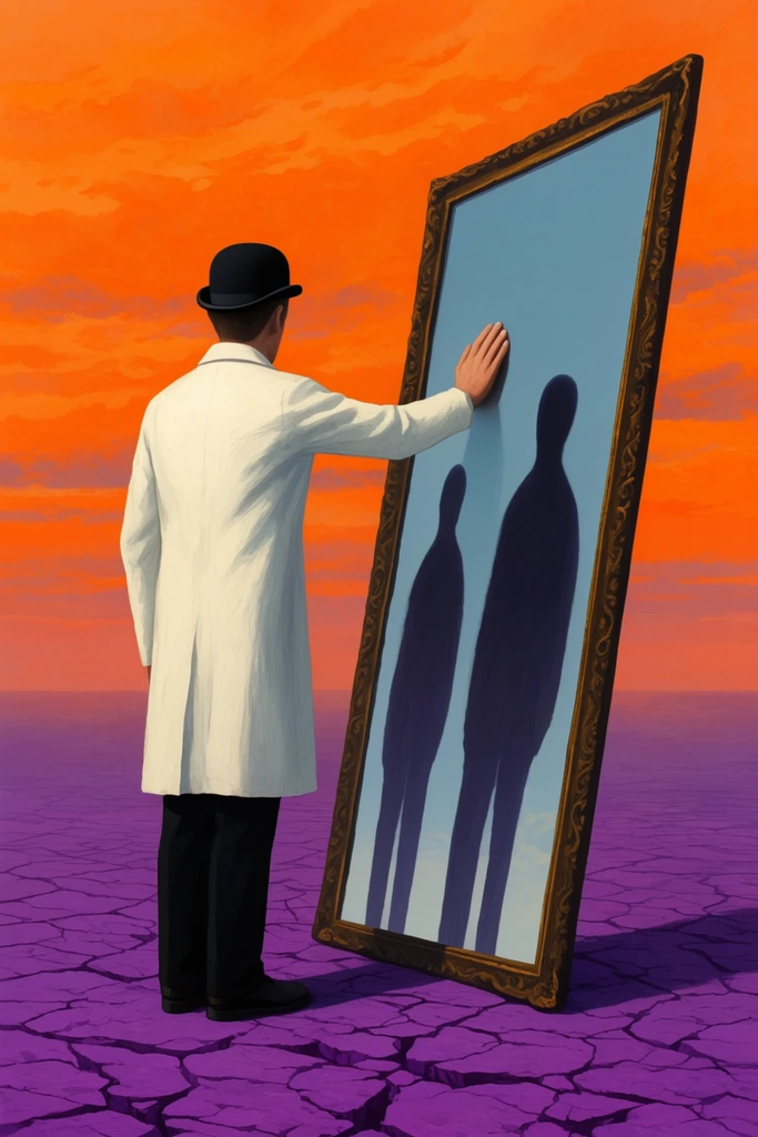 Man in white coat and bowler hat touching giant mirror, elongated shadow figures reflected, cracked purple ground, orange sunset sky, surreal digital art