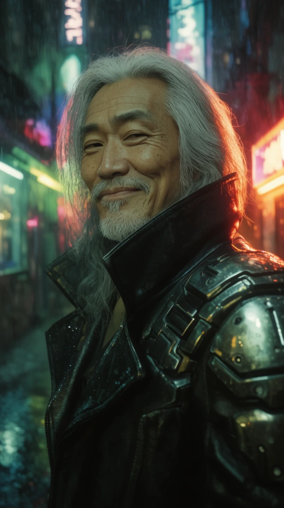 older Asian male, long silver hair, relaxed smirk, dark leather high-collared trench coat, metallic shoulder pads, neon-lit rainy alleyway background, glowing reflections, harsh rim lighting, anamorphic flare, medium close-up, cyberpunk aesthetic, cinematic framing