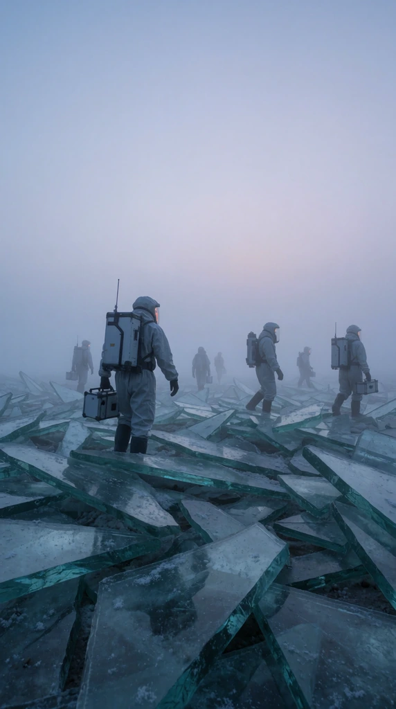futuristic explorers in hazmat gear navigating a field of giant frosted glass shards, thick twilight fog, carrying scientific equipment, silhouetted figures against pale environment, cinematic wide shot, cool blue tones, low contrast
