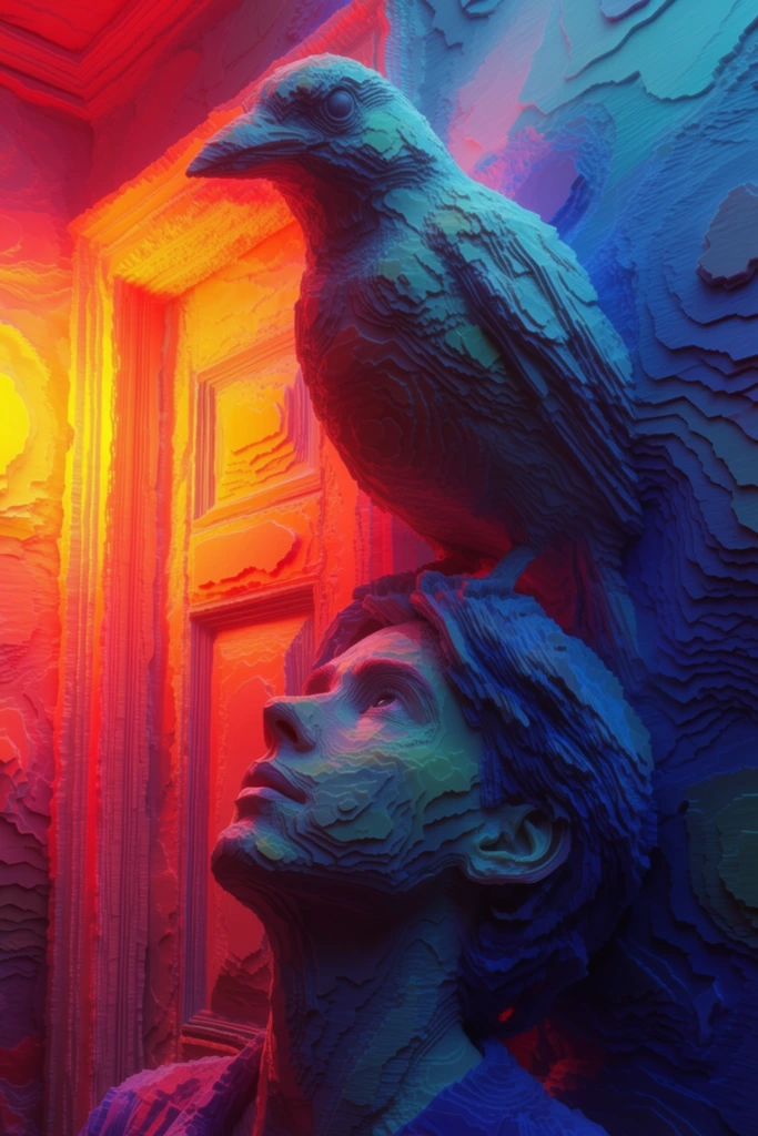 A bird perched on a sculpted bust above a closed door, with a person resting their head below and looking upwards towards the bird, rendered entirely in a 3D topographical, deeply stratified aesthetic. All subjects and the surrounding architecture are constructed from jagged, vertically stepped layers and ridged parametric contours, resembling a digital elevation map. The composition is defined by an extreme dual-tone chromatic lighting scheme split across the scene. The left hemisphere radiates with fierce neon yellows, fiery oranges, and crimson reds acting as a luminous light source, while the right hemisphere is submerged in deep cool cyans, cobalt blues, and shadowy indigos. The harsh, terraced edges of the bird, bust, doorframe, and the person's upturned face catch the intense directional light, creating deep, sharp shadows within the layered grooves. The digital 3D rendering highlights sculptural depth, sharp sliced geometric textures, voxel-like volumetric forms, and highly saturated, contrasting atmospheric luminescence.