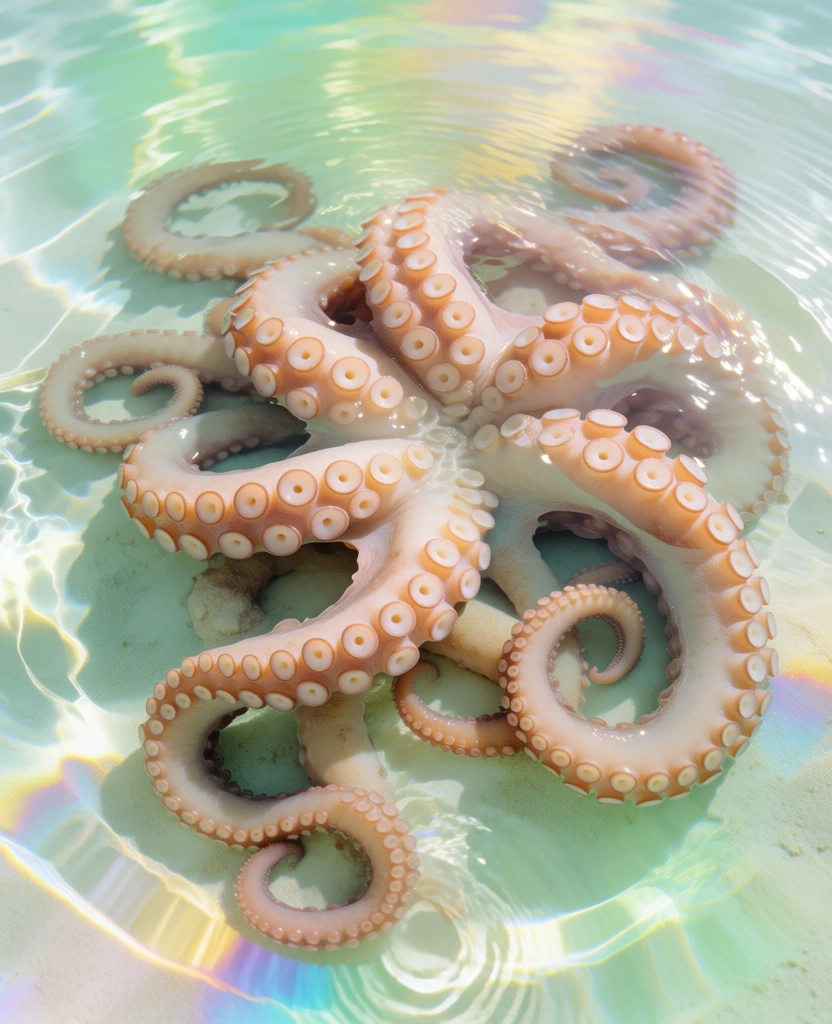 top-down view of a tangled pile of octopus tentacles with prominent circular suckers submerged in shallow turquoise water, soft concentric ripples emanating from the center, ethereal and dreamlike aesthetic using a pastel palette of peach and mint green, fluid distortions, light caustics, high-key lighting with shimmering highlights, translucent layers, soft-focus impressionistic style, delicate organic textures, cinematic macro photography.