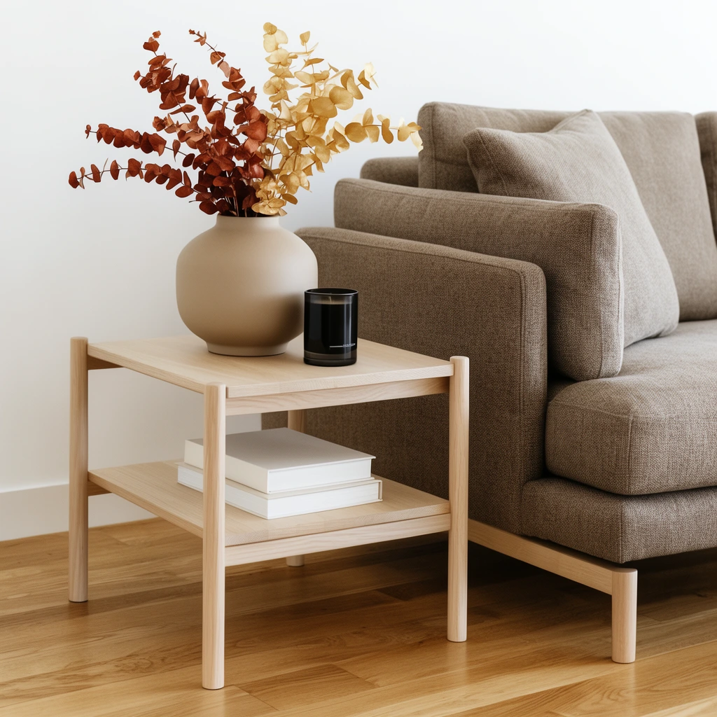 minimalist light wood two-tier side table, matte beige ceramic vase holding dried rust and golden eucalyptus branches, black glass candle jar, two thick white books stacked on the lower shelf, textured taupe fabric sofa with matching pillow, warm light oak hardwood floor, bright white walls, soft diffused natural daylight, Scandinavian interior design aesthetic, earthy neutral color palette, clean lines, eye-level interior photography