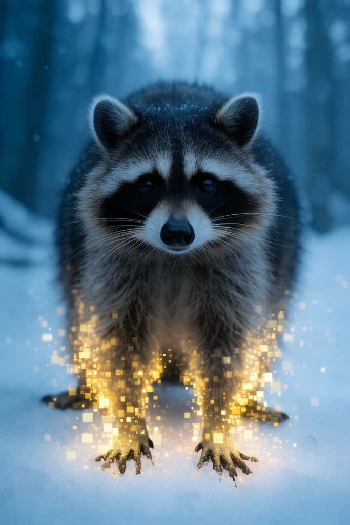 front-facing raccoon in snow, paws touching the ground, glowing golden-yellow digital pixel particles rising from the snow beneath its paws, cool blue blurred forest background, cinematic lighting, shallow depth of field