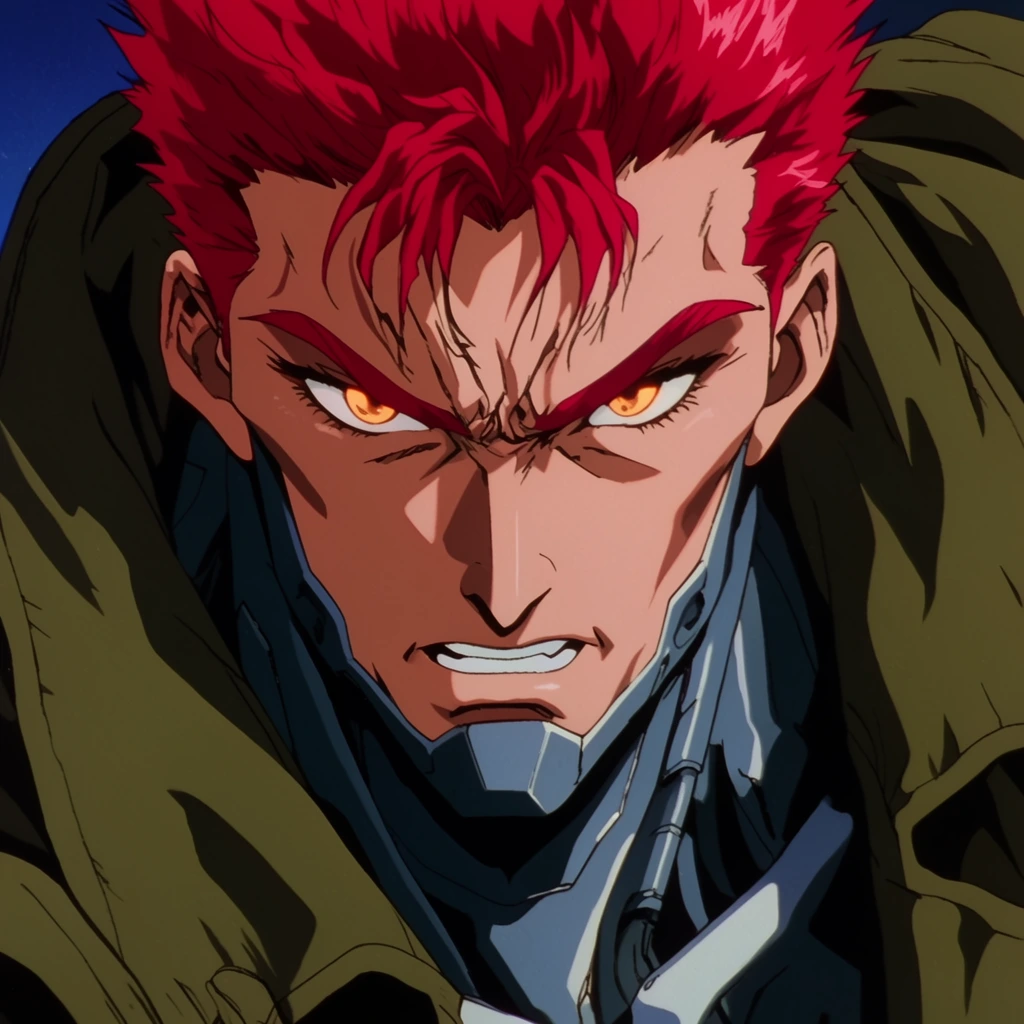 Intense close-up of a muscular anime warrior, short spiky crimson hair, glowing amber eyes, heavy olive-green trench coat, cybernetic neck plating, fierce glare, 90s cel-shaded animation, sharp angular linework, bold flat colors, dynamic framing