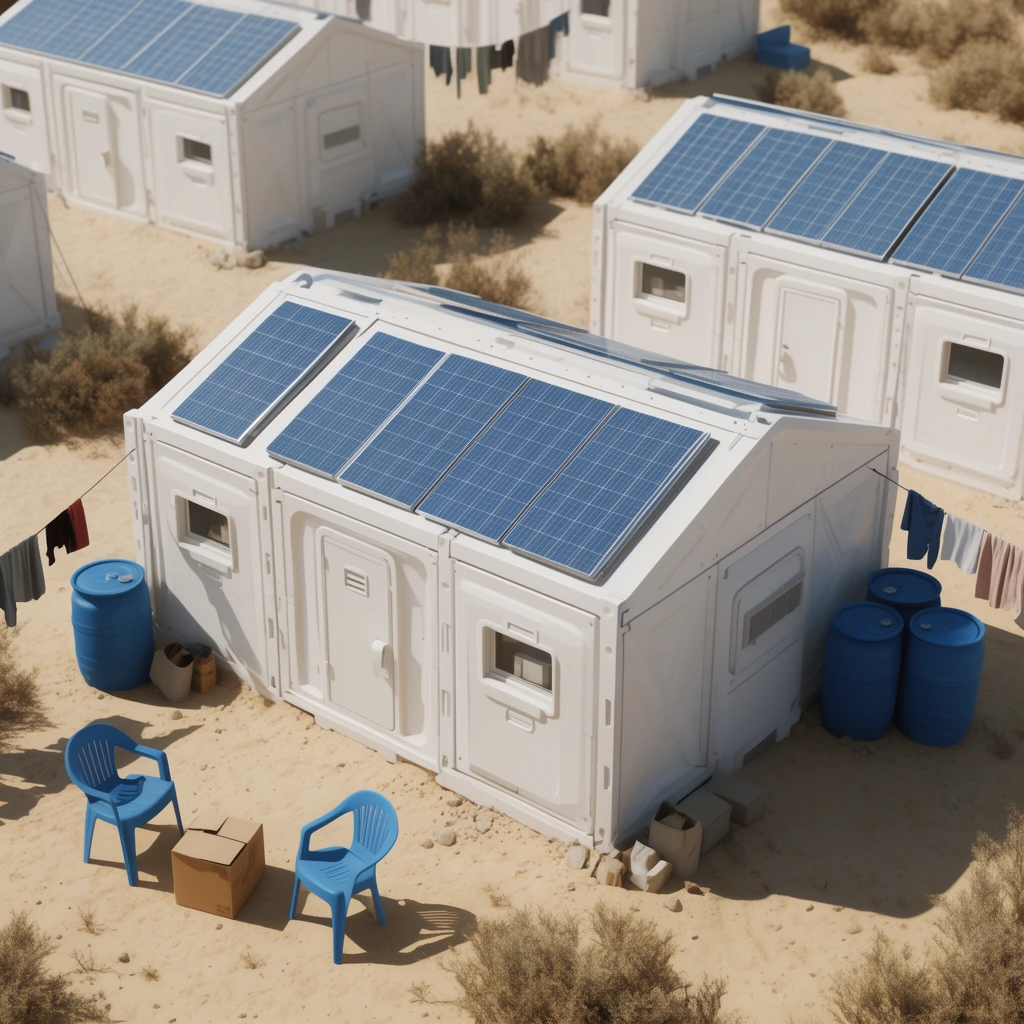 high-angle view of white modular desert shelters, gabled roofs with rectangular blue solar panels, sandy terrain with sparse scrub bushes, foreground features two blue plastic chairs around a cardboard box, blue water barrels, hanging laundry, harsh bright sunlight casting sharp shadows, photorealistic 3D architectural rendering