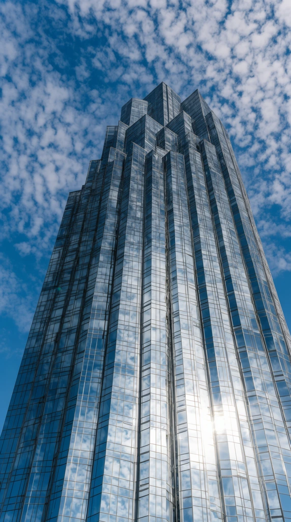 towering modern glass skyscraper, extreme low angle perspective, stepped geometric roofline, reflective curtain wall mirroring scattered white clouds, bright sun glare hitting lower right panels, vibrant blue sky with dappled cloud cover, architectural photography, crisp daylight