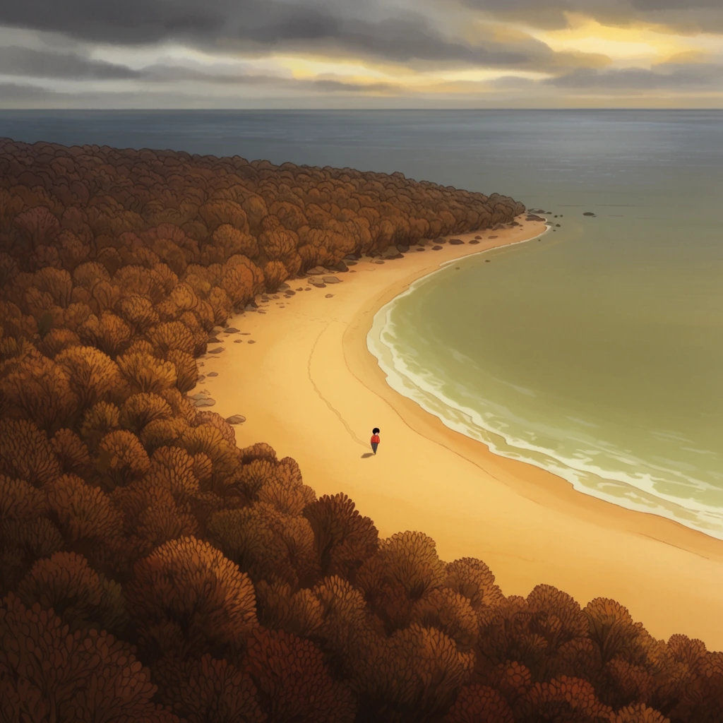 A sweeping high-angle 2D animated view of a secluded crescent beach. A tiny solitary figure in a red top walks along smooth golden sand, leaving a faint trail. A vast, dense forest of textured, rounded vegetation in warm autumnal browns tightly borders the shore. The calm sea shifts from pale olive green to muted steel blue beneath heavy gray clouds pierced by soft golden light, emphasizing the landscape's immense scale.