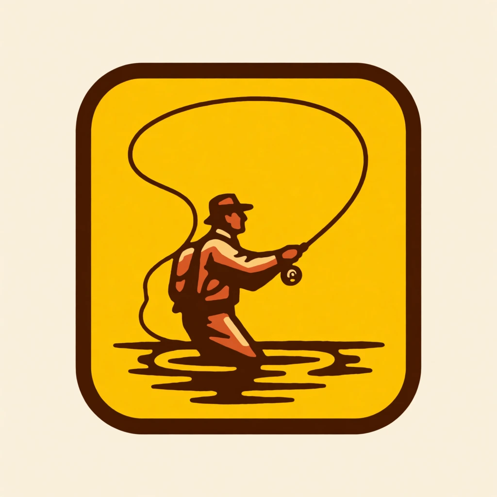 vintage badge illustration, stylized fly fisherman casting an arched line, brown and orange silhouette, horizontal water ripples, solid yellow background, thick dark brown border, cream backdrop