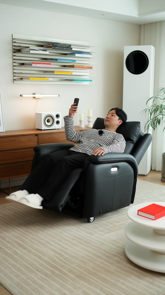 A man relaxes in a bulky black leather rolling recliner, looking at a smartphone in his raised hand. He wears a striped long-sleeve shirt, black trousers, and white slippers, with a small microphone clipped to his chest. The bright, minimalist living room rests on a beige paneled rug. A wooden sideboard holds a white speaker and candles under a sleek wall-mounted lamp. A slatted wall shelf displays colorful books above. A tall white appliance with a dark circular screen stands near a potted plant, while a tiered white table in the foreground holds a bright red book. The interior photography uses soft natural lighting to emphasize the clean, modern aesthetic.