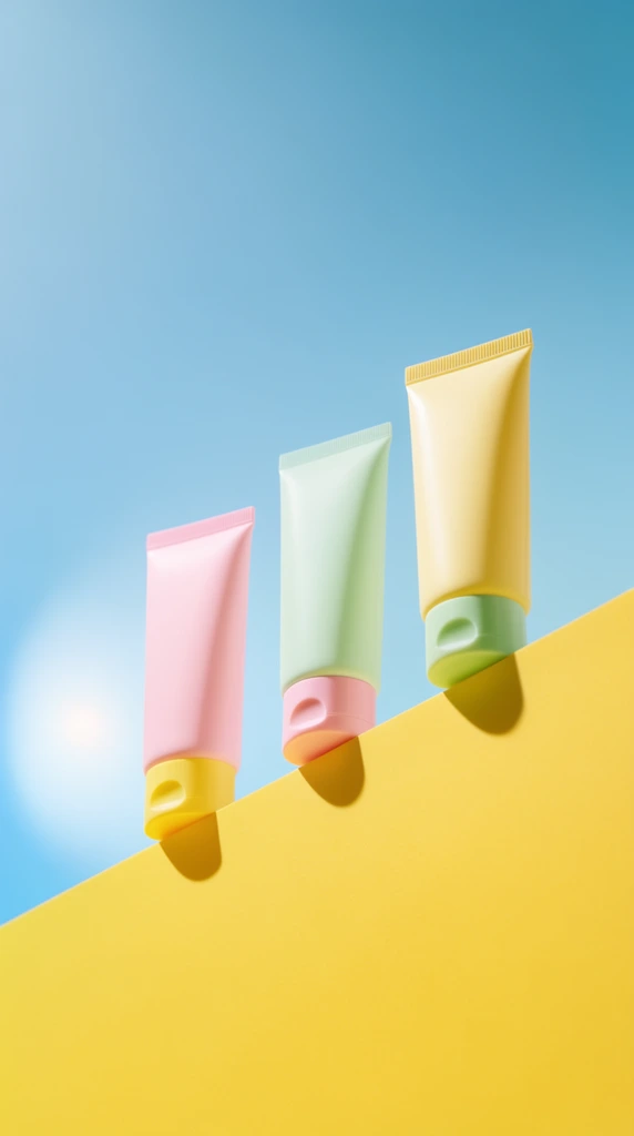 Three pastel-colored cosmetic squeeze tubes are arranged in an ascending diagonal line, resting on a steep, vibrant yellow ramp against a smooth sky-blue gradient background. The lowest tube is baby pink with a yellow cap, the middle is pale mint green with a pink cap, and the highest is soft yellow with a light green cap. Sharp, defined cast shadows fall to the right on the matte yellow surface, indicating strong directional lighting from the upper left. A faint circular light flare glows in the lower left of the blue backdrop. The minimalist composition utilizes sharp geometric lines and bright color blocking typical of modern studio product photography.