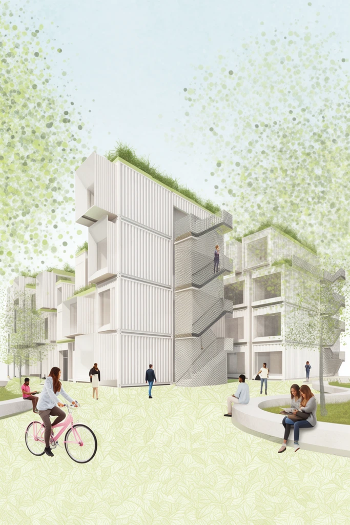A stylized architectural rendering features a modular white building complex constructed from stacked, corrugated box units with green roofs and mesh-enclosed external staircases. The curving pedestrian plaza is overlaid with a pale green leaf-patterned texture, populated by small human figures walking, resting on curved benches, and a person riding a pink bicycle in the foreground. Semi-transparent trees with dotted foliage surround the complex, giving the bright, flatly lit digital illustration an airy, collage-like mixed-media aesthetic with a soft pastel color palette.