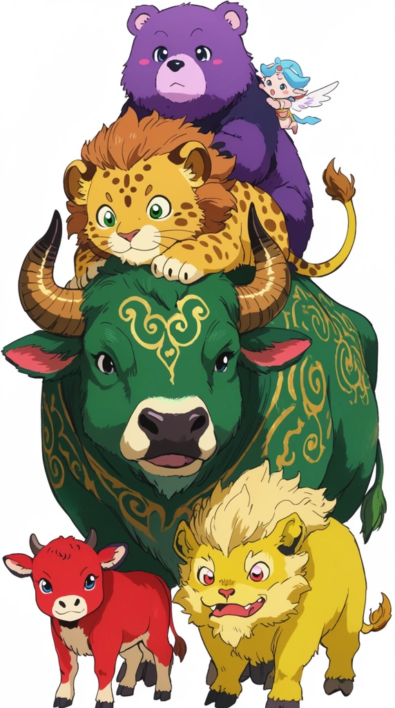 A colorful stack of anime-style fantasy creatures against a white background. A large green ox with gold patterns supports a spotted lion cub, a purple bear, and a tiny winged creature on its back. A red calf and yellow beast stand below in this vibrant, clean-lined illustration.
