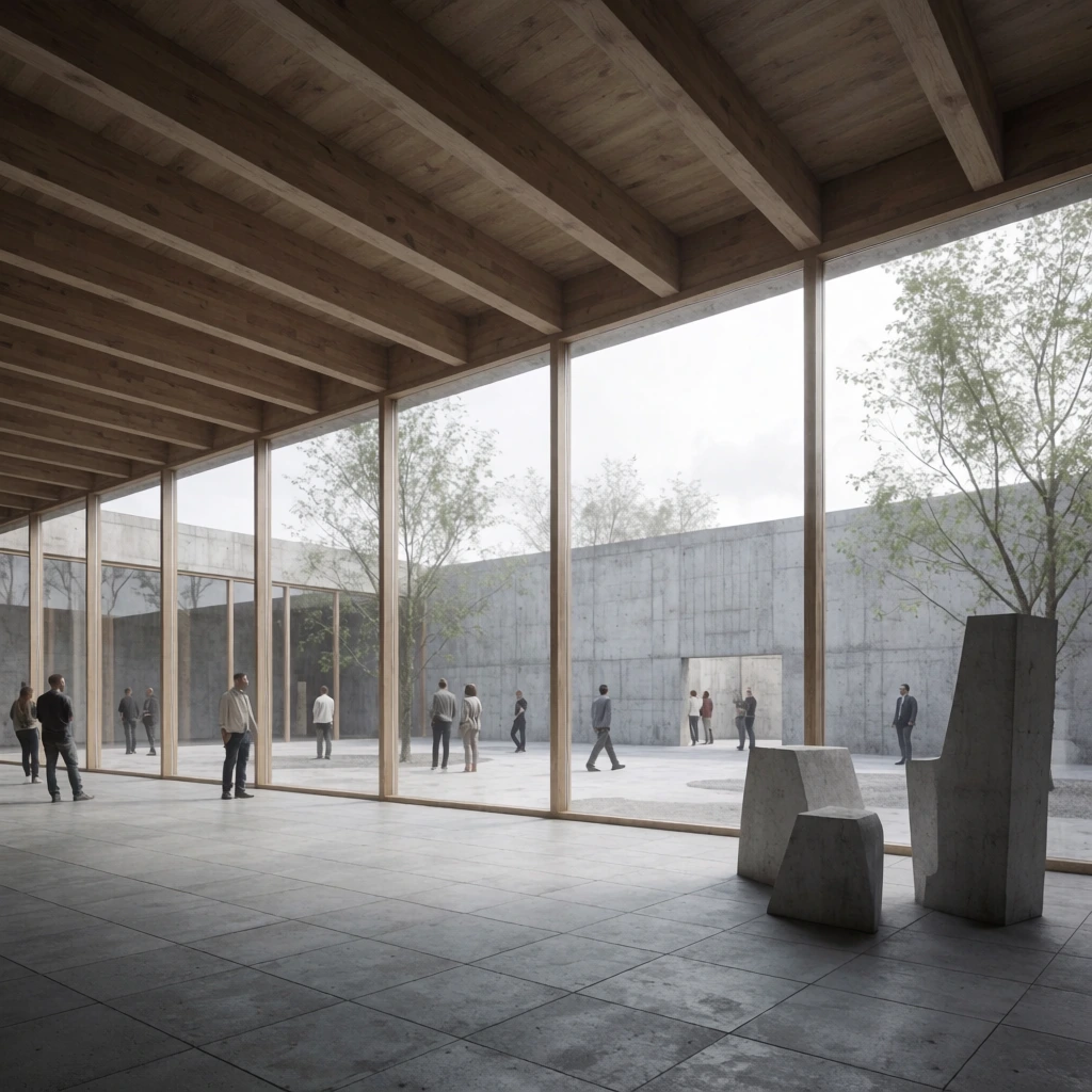modern architectural rendering, interior with exposed wooden ceiling beams and grey tiled floor, expansive glass windows revealing a raw concrete courtyard with scattered casually dressed figures and sparse trees, abstract concrete sculptures in foreground, soft diffused overcast lighting, muted desaturated color palette, wide-angle perspective