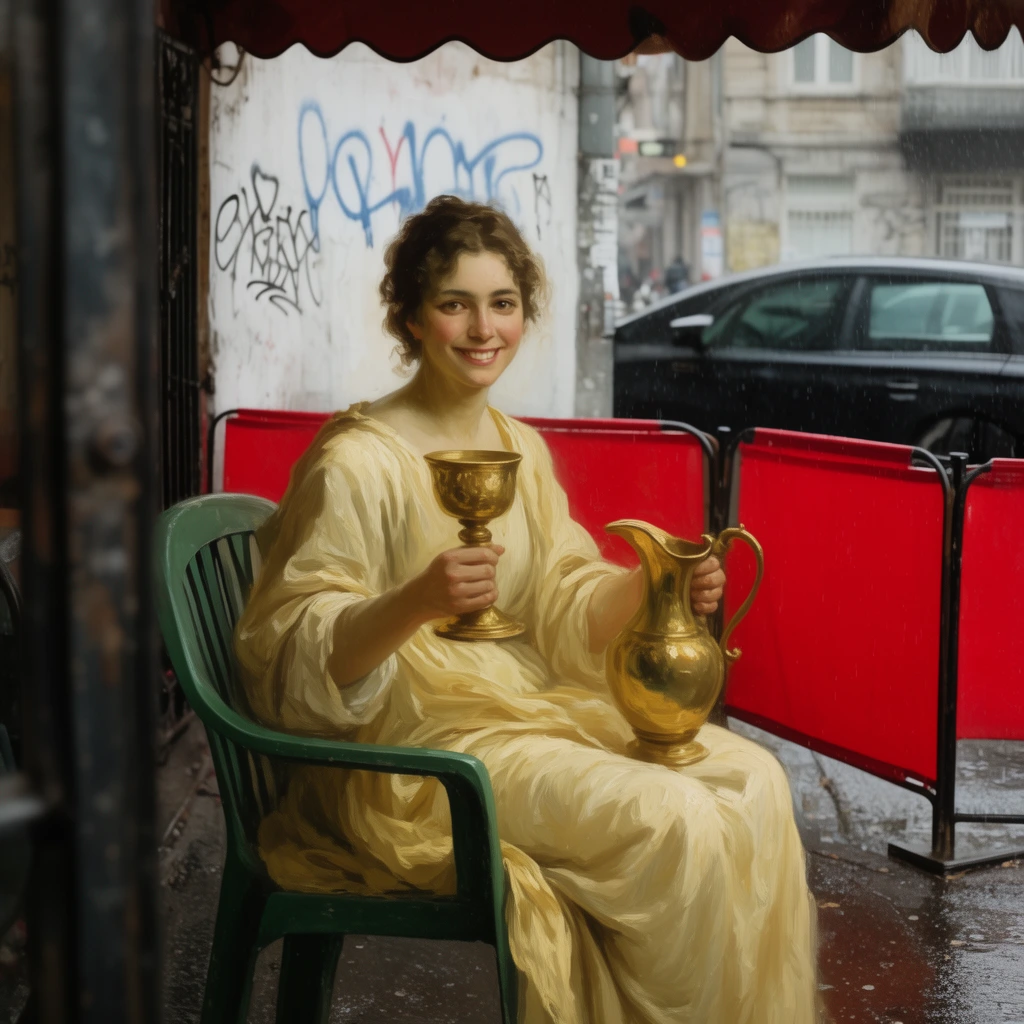 Framed by a blurred dark metal structure and scalloped awning, a smiling woman rendered in a classical oil painting style sits in a gritty modern photographic street cafe. Wearing flowing pale yellow drapery, she holds a golden chalice and pitcher while resting on a green plastic chair. Bright red barrier screens, a spray-painted white wall, and a parked car on wet pavement form the realistic background, creating a surreal juxtaposition of luminous academic brushwork against modern urban reality.