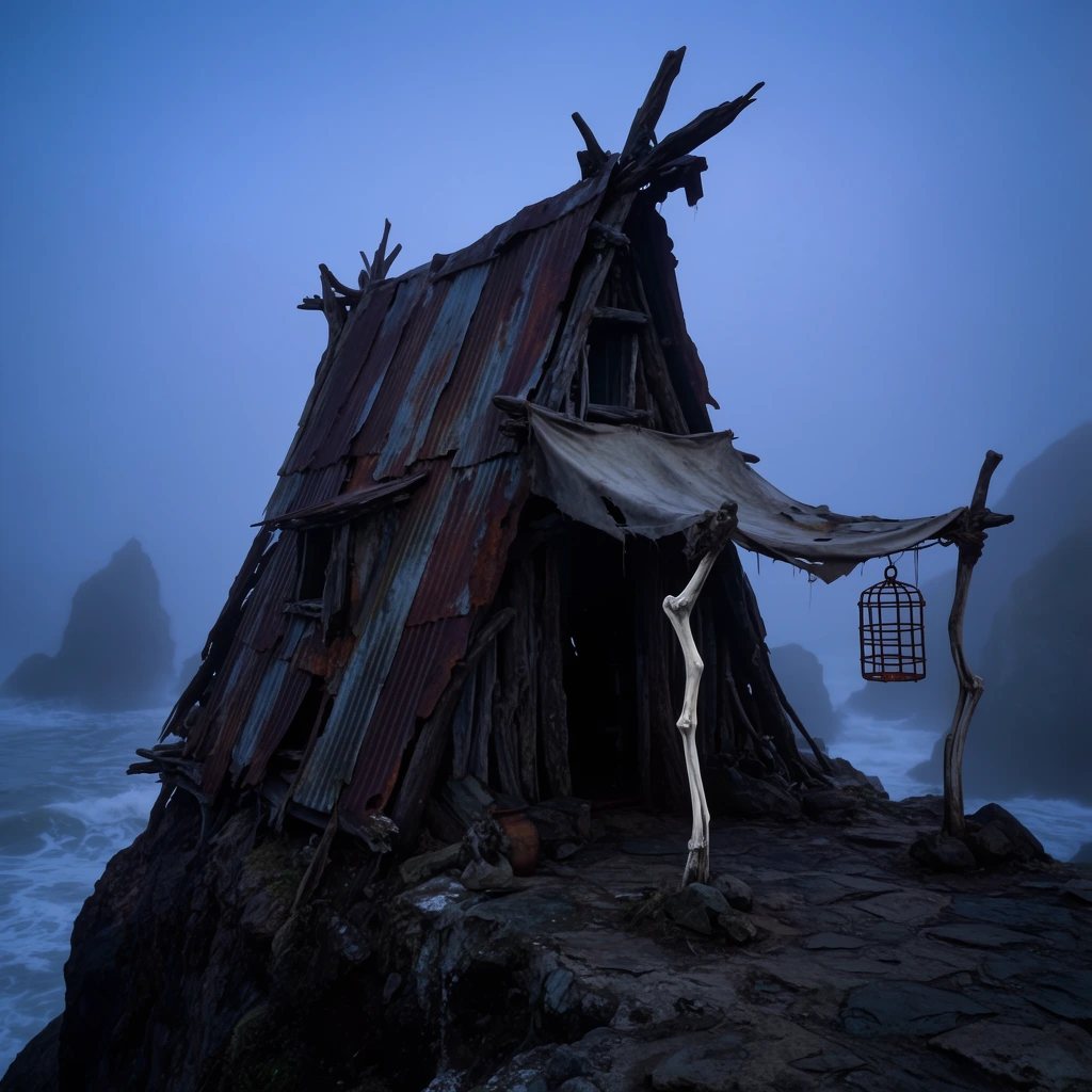 A dilapidated, asymmetric A-frame shack constructed from rusted corrugated metal and dark driftwood, perched precariously on a rocky cliff edge above crashing ocean waves. A torn canvas awning sags over the dark entrance, supported by bleached, crooked bone pillars. A rusted iron cage hangs from the awning to the right. Thick, low-lying fog obscures the background, revealing only the faint silhouettes of jagged sea stacks. Eerie, cold blue twilight casts deep shadows across the uneven stone ground, emphasizing the bleak, isolated atmosphere and the weather-beaten textures.
