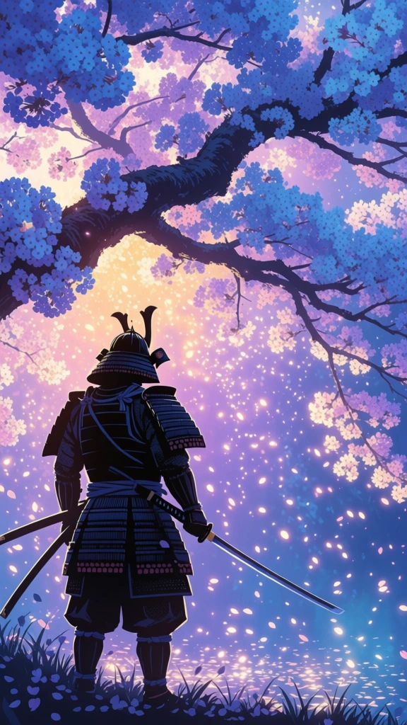 A silhouetted samurai warrior stands beneath a massive glowing purple tree, his form outlined by shimmering golden particles against a dark backdrop. Viewed from behind and slightly below, the samurai is clad in detailed traditional armor including a pointed conical hat, layered shoulder guards, and a protective skirt, all rendered in deep black with stippled highlights along the edges. He holds a long, curved katana in his right hand, angled toward the lower left, while another sword remains sheathed at his left hip. The ground beneath him is a dense carpet of tiny, luminous petals in shades of violet, blue, and amber. Dominating the upper portion of the frame, the overhanging branches of a weeping tree are heavy with blossoms that appear as a vibrant field of glowing lavender and white dots, creating a celestial, star-like effect. The composition is highly stylized, utilizing a high-contrast palette of deep indigo, vibrant purple, and sparkling gold to define shapes through light rather than solid lines. The backlighting from the luminescent foliage casts the warrior into a sharp silhouette, while a sense of depth is created by the layers of glowing particles that fill the air around him.