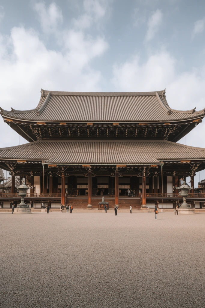 massive traditional Japanese wooden temple, immense two-tiered sweeping roof with ribbed grey tiles, intricate timber bracket system under deep eaves, wide symmetrical facade, dark wooden pillars, elevated veranda, vast open gravel courtyard, scattered tiny human figures emphasizing monumental scale, large ornate metal lanterns on stone pedestals, soft daylight, partly cloudy sky, wide-angle architectural photography, frontal perspective, muted earthy tones