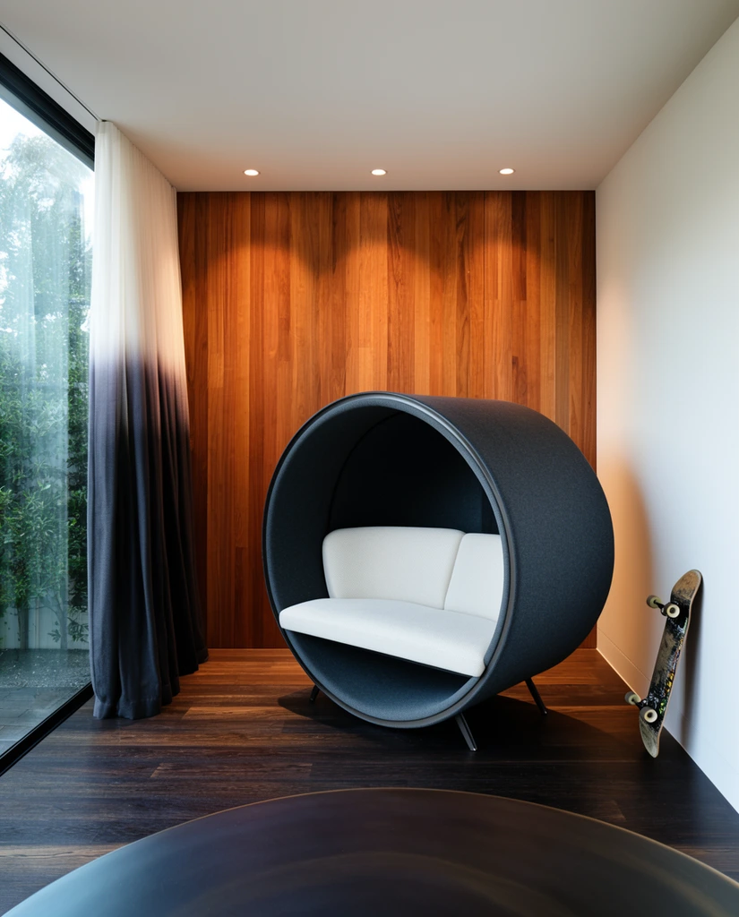 modern interior space, dark gray cylindrical pod enclosing curved white sofa, warm vertical wood paneling illuminated by recessed lights, skateboard leaning against white wall near large window showing greenery, dark hardwood floors, gradient curtain transitioning from white to dark gray, partial dark round table in foreground, architectural photography