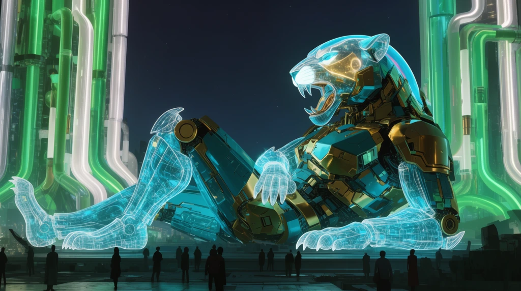 colossal cyan and gold mecha-panther structure lounging across a futuristic plaza, glowing wireframe limbs, translucent illuminated head dome, towering neon pipes in green and white, deep night sky, silhouetted onlookers in foreground, cyberpunk aesthetic