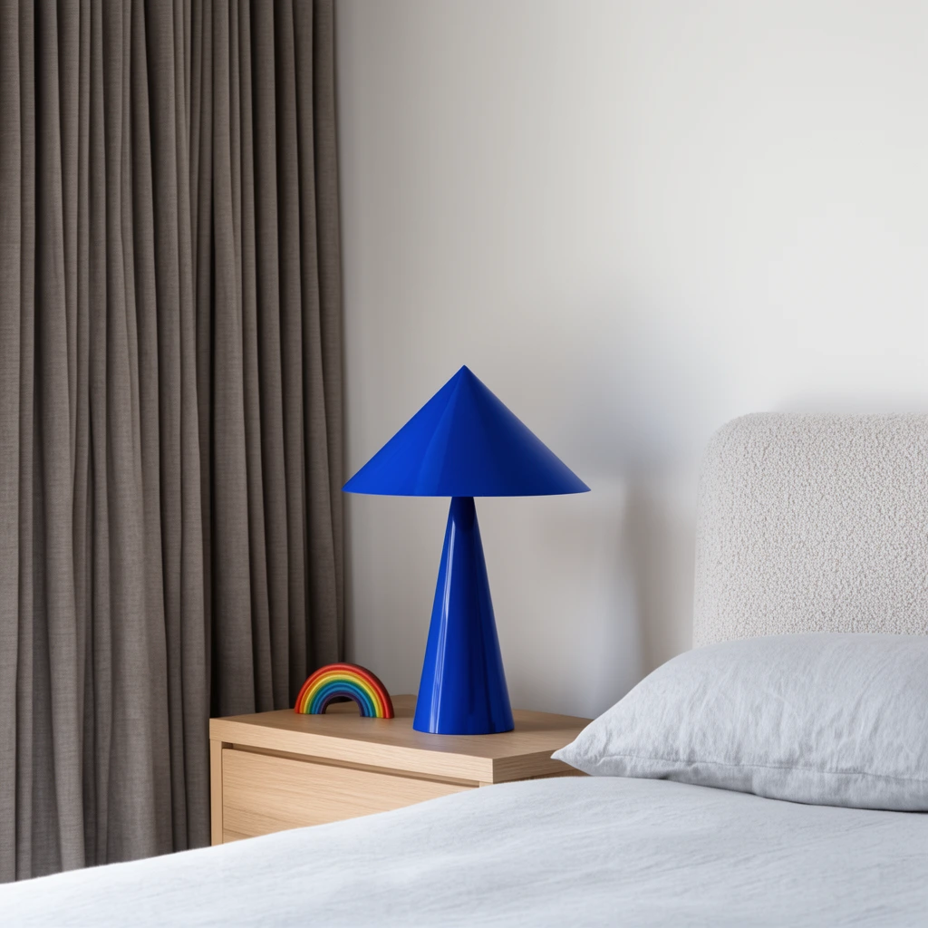 A vivid cobalt blue table lamp with a sharp conical shade rests on a light oak nightstand beside a small rainbow ornament. A crisp light gray bed, textured headboard, and heavy taupe curtains frame the minimalist off-white room illuminated by soft diffused lighting.