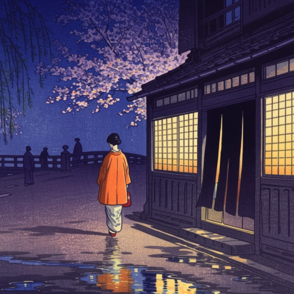 Japanese woodblock print of a quiet nighttime street, woman walking away in a pale kimono and vibrant orange coat, wet ground with puddles reflecting warm golden light, traditional wooden building with brightly illuminated gridded windows and dark hanging curtains, blooming cherry blossoms against a deep indigo night sky, distant bridge with silhouetted figures, weeping willow branches, deep violet and blue palette accented by glowing yellow, flat color fields with delicate line work, serene atmospheric mood