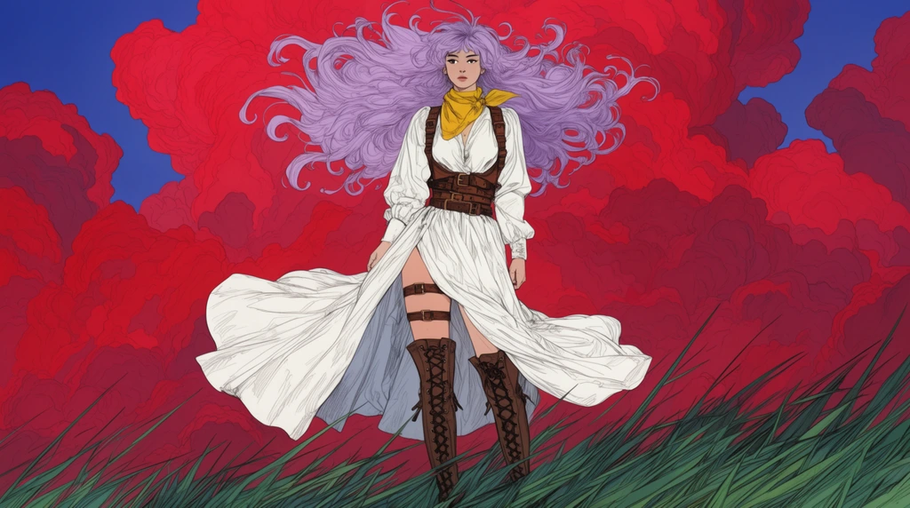 A woman with wildly billowing lavender hair stands in spiky green grass against towering crimson clouds. She wears a white blouse, brown leather harness, yellow neckerchief, and a flowing high-slit white skirt revealing leg straps and tall lace-up boots. The wind-swept illustration features precise contour linework, flat vibrant coloring, and dynamic composition.