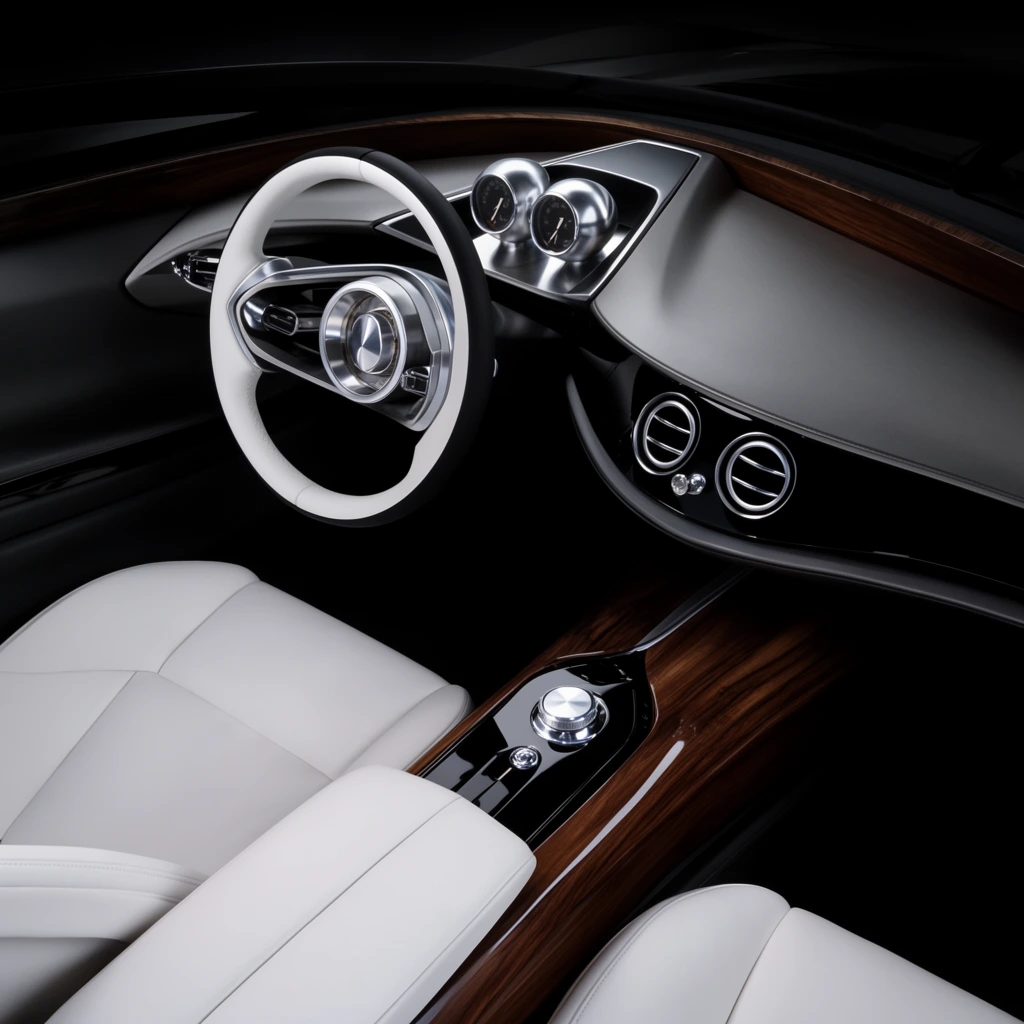 A high-angle view inside an ultra-luxury vehicle cabin showcasing avant-garde, minimalist design. A steering wheel with a bright white rim and a striking metallic central hub sits before an angled binnacle housing dual spherical metallic gauges. The sweeping, matte dark grey dashboard transitions into a high-gloss black fascia featuring twin circular air vents. A sleek center console divides plush white leather seats, defined by rich, high-gloss brown wood grain and a polished silver rotary dial mounted on a glossy black control panel. Dramatic low-key lighting emphasizes the stark contrast between luminous white leather, gleaming metallic accents, and deep surrounding shadows, captured in a pristine, photorealistic product photography style.