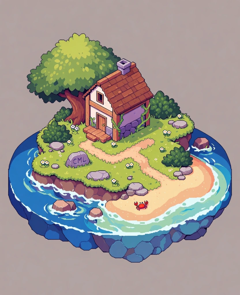 A detailed pixel art illustration presents a small, isometric island floating against a solid gray background. The island features a cozy cottage with a brown, gabled roof, white-washed front walls, and a side wall made of purple stones. A wooden arched door and a small window face the front, while green vines climb its sides. To the left of the cottage, a large, leafy tree with a thick, textured brown trunk and lush green foliage provides shade over a grassy hill. The hill is covered in vibrant green grass with patches of darker green vegetation and scattered rocks. A sandy beige beach slopes down from the grassy area to a turquoise sea with white-capped waves. A small wooden pier extends from the sand into the water. On the beach, a small red crab sits near the water's edge. The entire scene is rendered in a classic 16-bit pixel art style, using a warm color palette and clean black outlines to define shapes. A small, blue-colored signature "COL" is placed on the lower right edge of the floating island. The lighting is bright and consistent, coming from the upper left, casting soft shadows on the ground and water.