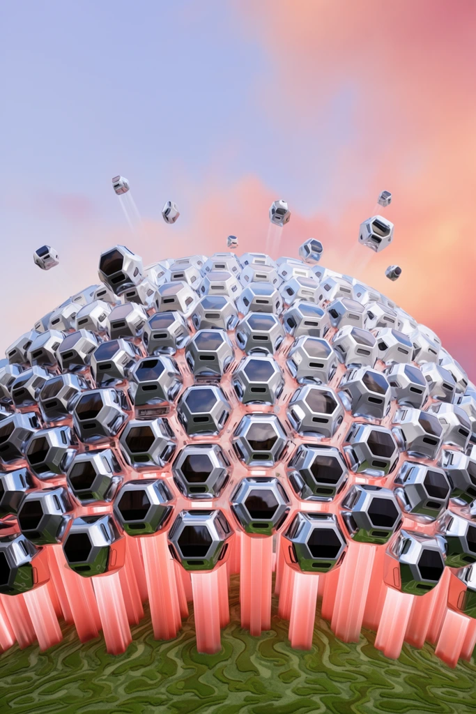 A massive domed structure dominates the foreground, constructed from dozens of faceted, hexagonal silver modules resembling futuristic pods. Each highly reflective pod features dark glossy panels and rests atop translucent, glowing salmon-pink vertical pillars. These luminous stalks emerge from a textured, moss-green base patterned with organic ripples. Several silver pods are detached from the main cluster, launching upwards into the air and leaving faint motion trails. The background features a dreamlike sky with a smooth gradient of pale periwinkle blue transitioning into warm peach and rosy pink clouds. A low-angle perspective emphasizes the monumental scale of the geometric dome against the soft atmospheric backdrop. The crisp 3D rendering highlights the gleaming chrome surfaces, striking a surreal contrast between harsh metallic geometry and vibrant, ethereal lighting.