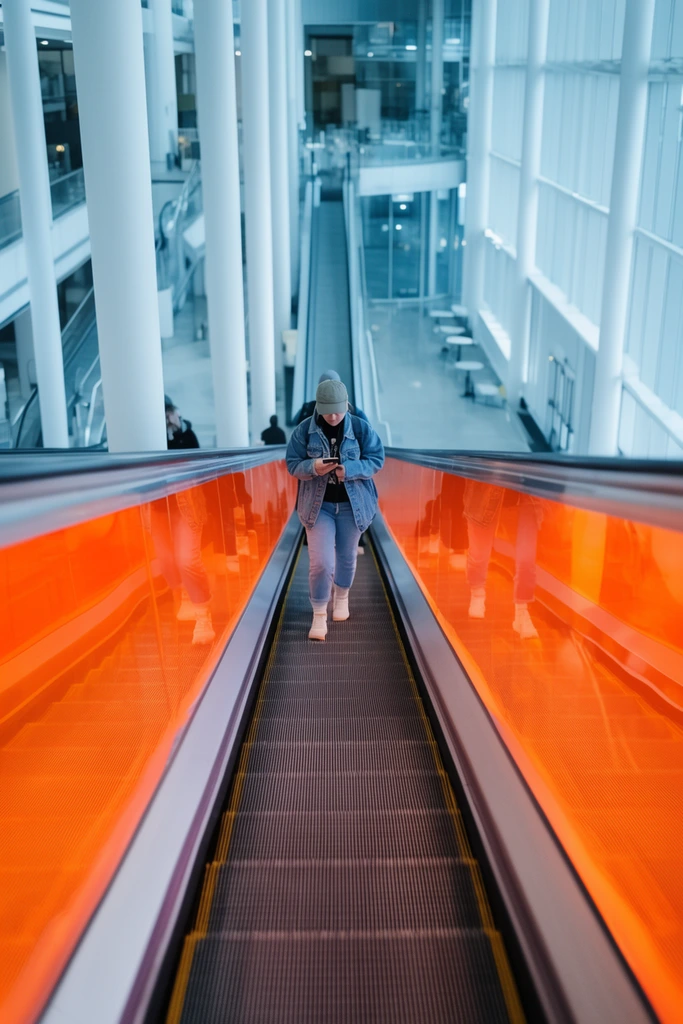 A modern atrium with a downward moving walkway featuring vibrant translucent orange side panels. A person in a denim jacket rides down looking at a phone. White pillars frame the cool-toned space.