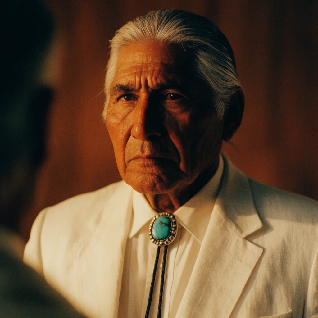 cinematic close-up of an elderly Native American man, slicked silver hair, crisp white linen suit, turquoise bolo tie, intense gaze, dramatic warm amber side-lighting, deep shadows, out-of-focus shoulder in foreground, moody brown background, 35mm film grain