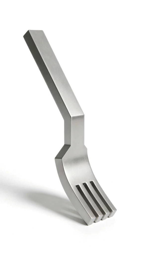 A surreal, thick, blocky metallic fork rests diagonally across a stark white studio background. The utensil features a matte silver finish and a heavy, rectangular handle that bends sharply downward before extending into three short, unusually thick, parallel tines. The brutalist geometric design distorts standard proportions, appearing rigid and heavy. Diffused lighting casts a soft drop shadow to the lower left, emphasizing the clean lines, sharp angles, and smooth surface in a minimalist product photography style.