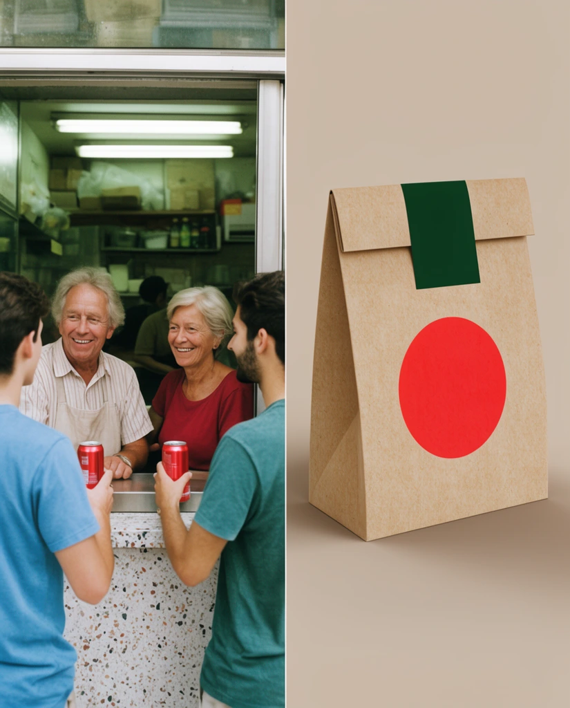 A diptych pairing a candid film photograph of a lively food stall with a minimalist packaging render. On the left, an older couple inside a brightly lit service window smiles warmly at two young male customers standing at a speckled counter next to red beverage cans. On the right, a folded brown kraft paper bag sealed with a dark green rectangular sticker and featuring a prominent red circular graphic sits against a smooth beige studio backdrop.