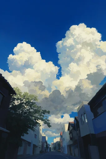 Nostalgic Surrealist Skies style reference image — towering cumulus clouds