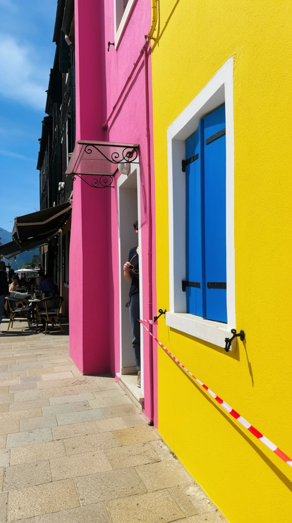 Vibrant pink and vivid yellow buildings line a stone walkway under a blue sky. A person stands partially obscured inside the pink doorway, holding sunglasses. The adjacent yellow facade features a closed window with bright blue shutters, white trim, and wrought iron accents. A red and white striped barrier tape spans the yellow wall. Further down the street, dark buildings host outdoor cafe seating with patrons. The daytime photograph captures sharp natural sunlight, deep shadows, and a highly saturated color palette.