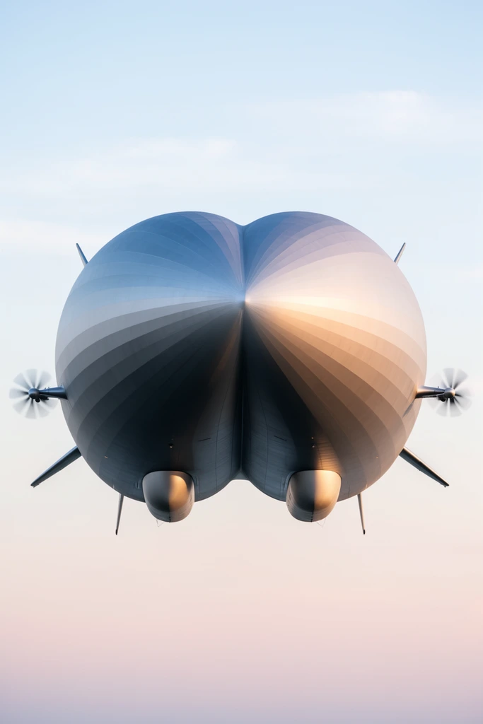 A massive silver twin-hulled hybrid airship floats against a pale blue and soft pink gradient sky. The unique double-bubble aerodynamic structure features rear stabilization fins, small side-mounted propellers, and smooth undercarriage pods, with soft sunlight highlighting the taut fabric and deep central crease.