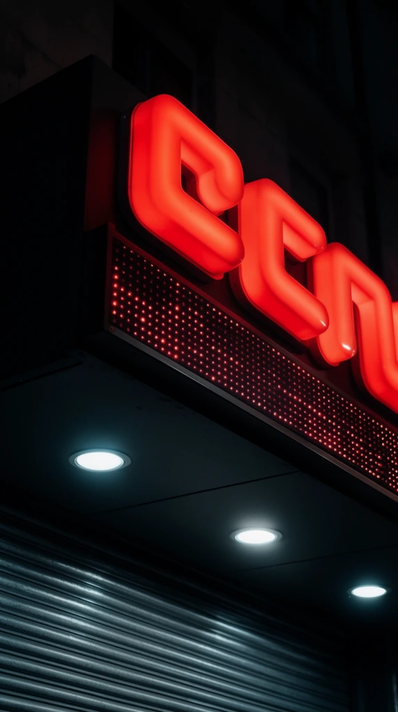 A glowing red three-dimensional sign dominates a dark architectural overhang at night. Thick, rounded luminous forms emit a warm neon glow above a secondary digital panel dotted with bright red LEDs. The matte black canopy projects over a closed corrugated metal roller shutter. Three flush-mounted circular ceiling lights beneath the overhang cast stark cool white beams downward. Captured from a low angle, the cinematic composition sharply contrasts the vivid red luminescence with deep black shadows and cool white highlights.
