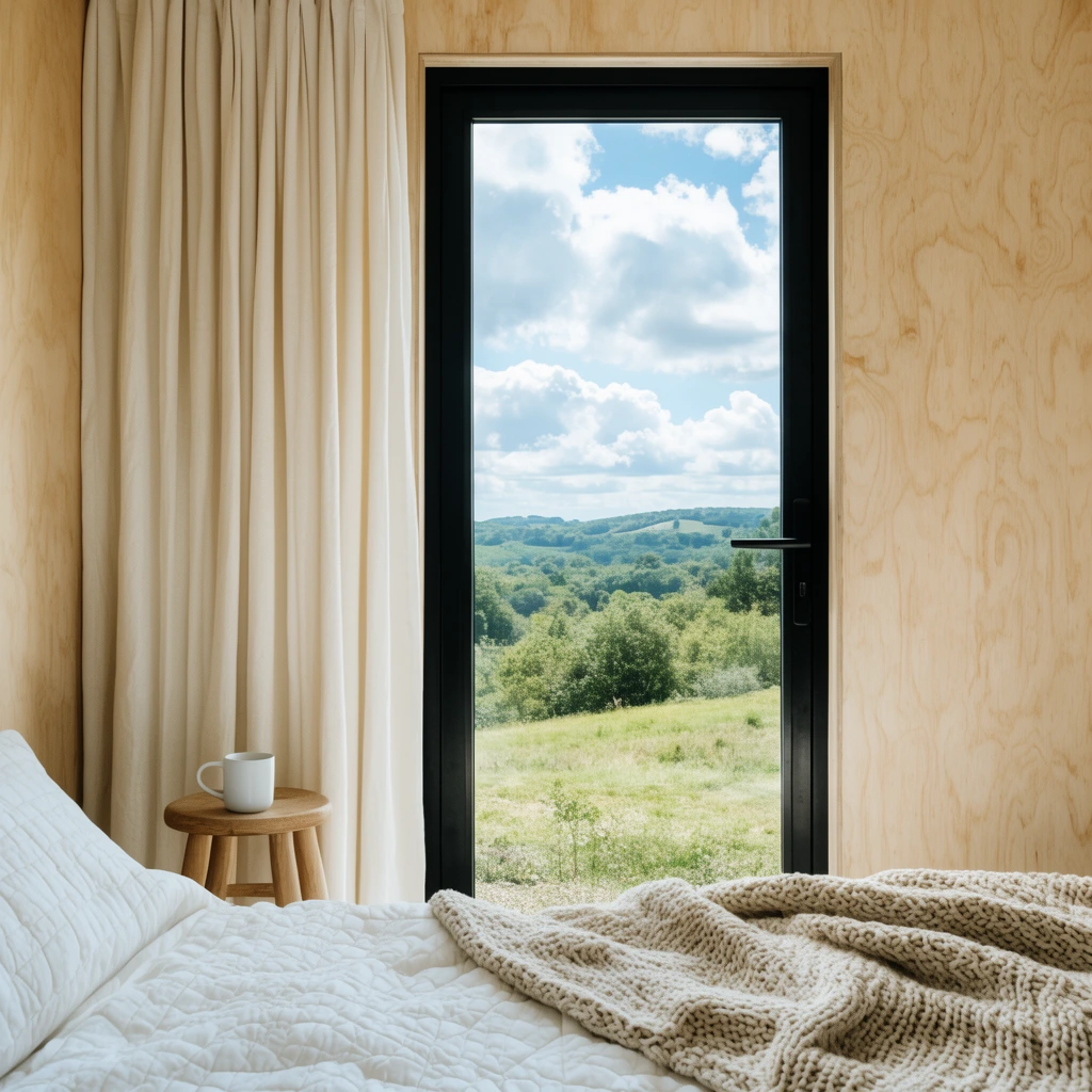 A tall black-framed glass door set into light blonde plywood walls frames a bright daytime view of green rolling hills and a cloudy blue sky. In the foreground, a bed is dressed with white quilted linens and a thick beige knit throw blanket. Floor-to-ceiling cream drapery hangs to the left beside a small wooden stool supporting a single white ceramic mug. Natural daylight bathes the minimalist interior.