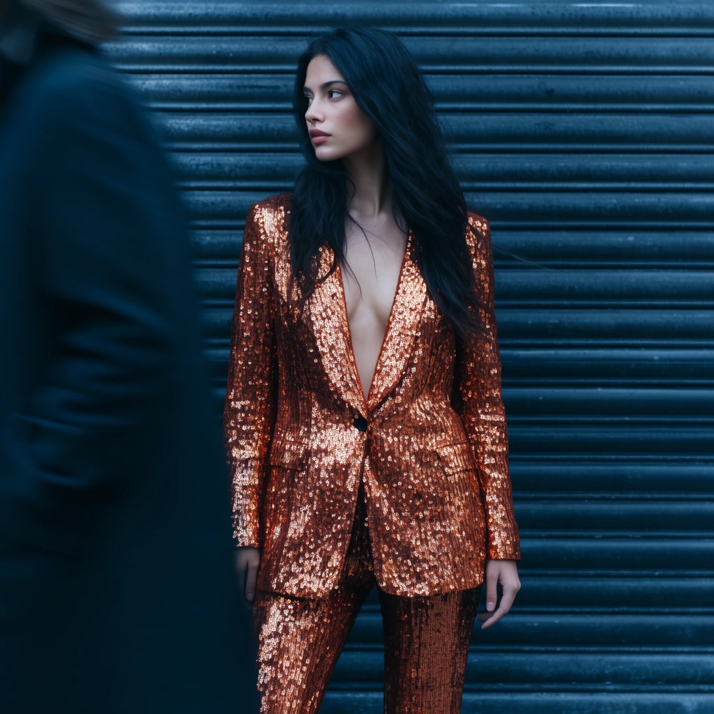woman wearing a plunging copper sequin pantsuit standing against a dark corrugated metal wall, long dark hair looking left, blurred dark figure walking past in the left foreground, cool color palette, high fashion street style photography