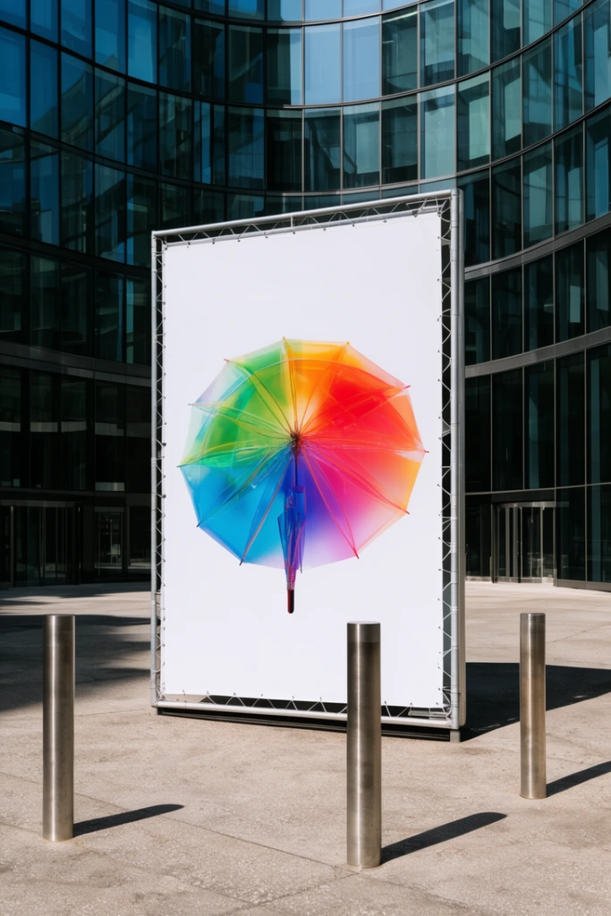 large freestanding white canvas display, central vibrant translucent rainbow umbrella graphic, stretched on metal frame, sunlit concrete plaza, metal bollards, modern curved glass building background, strong cast shadows, daylight, sharp urban photography