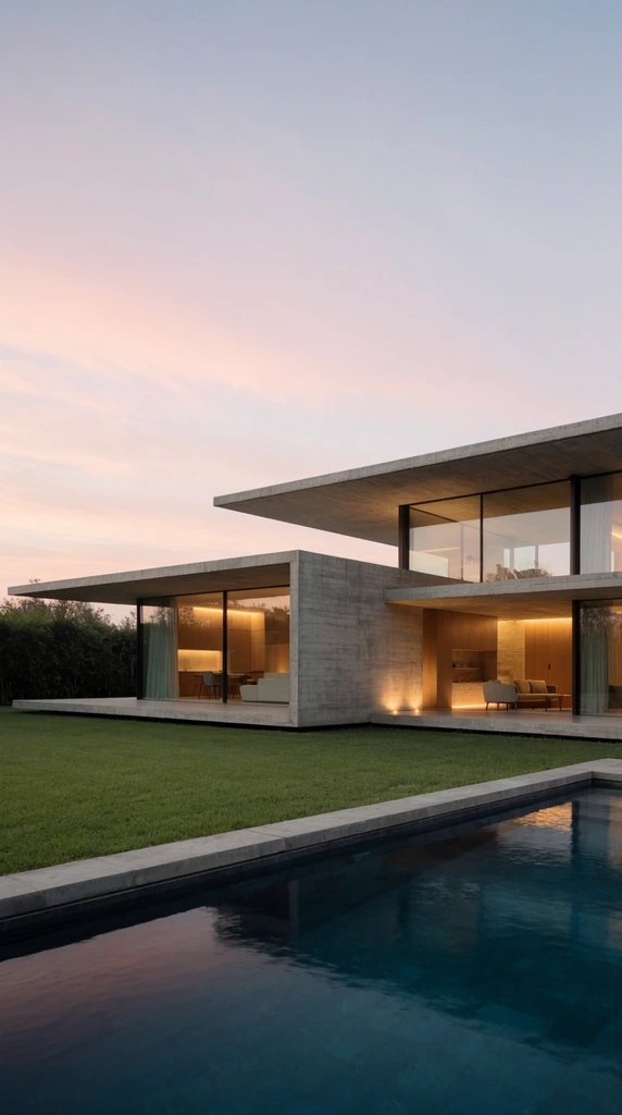 A minimalist concrete house with flat overhanging roofs and floor-to-ceiling glass windows sits on a manicured lawn beside a dark blue lap pool. Warm interior lighting glows outward, contrasting against a soft pink and pale blue twilight sky.