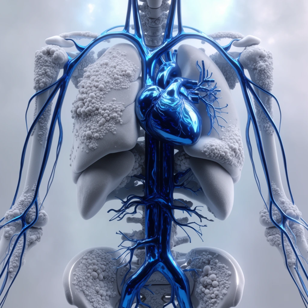 A stylized, ultra-high-resolution 3D rendering of a human torso depicting the vascular system, heart, lungs, spine, and pelvis. The central heart and intricate vascular network are constructed from a hyper-reflective, glossy, deep electric blue material resembling polished liquid metal, featuring sharp cyan specular highlights and fluid, swirling reflections. Interlocking with this bright blue network, the lungs, spine, and pelvis are rendered in a pristine, matte, pale silvery-grey finish. The surfaces of these respiratory and skeletal structures feature a mix of smooth, velvety expanses and dense, biomorphic clusters of tiny, tightly packed spherical nodules resembling microscopic cellular formations. The anatomical forms are illuminated by a soft, diffused, cool light source glowing from the upper center of a hazy, pale atmospheric background. The deep depth of field and volumetric shading create a sterile, futuristic macro-aesthetic, sharply contrasting the pristine glossy blue vessels against the muted, monochromatic white matte surroundings.