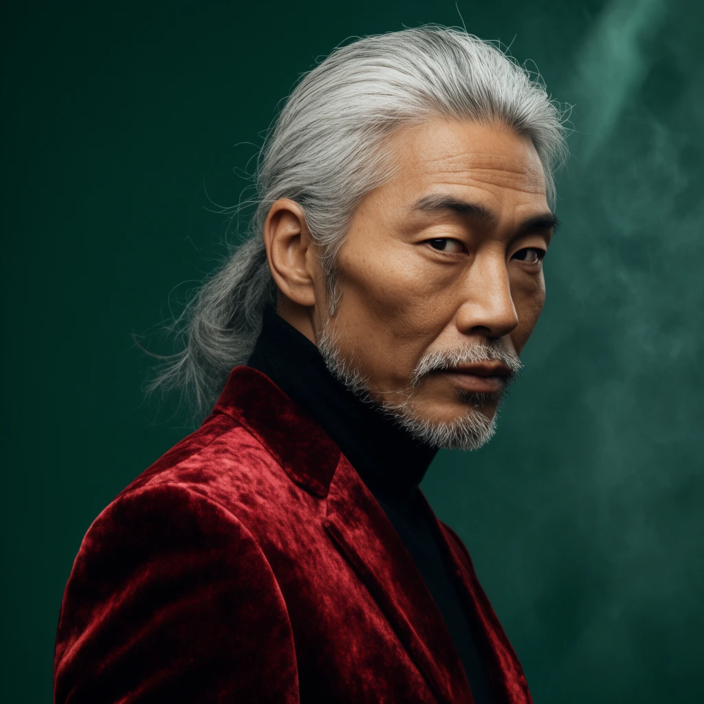 older East Asian man, prominent cheekbones, silver hair tied back with loose strands, sharp trimmed beard, piercing gaze looking back over left shoulder, textured crimson velvet blazer, dark black turtleneck, moody emerald green background, subtle atmospheric smoke, studio portrait photography, soft directional side lighting, high contrast, sharp focus