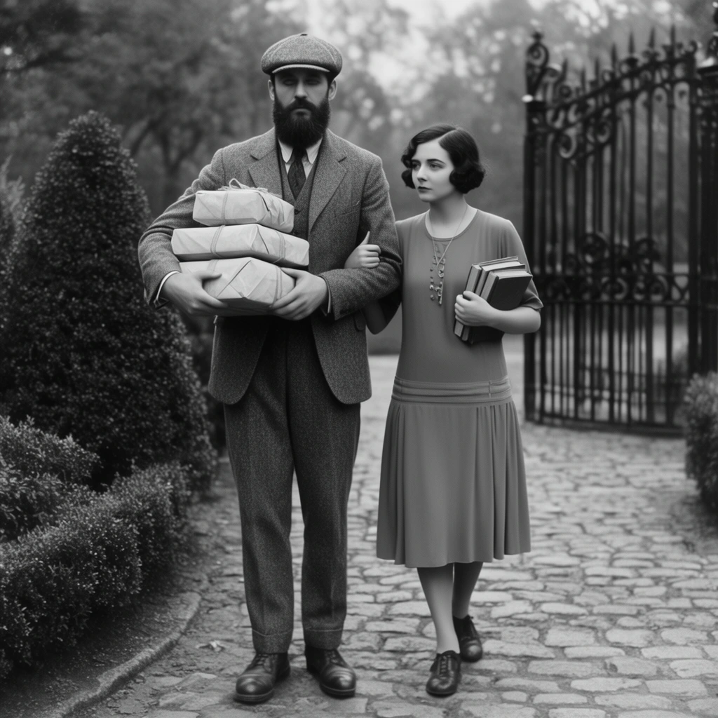 Vintage black and white film still, tall bearded man in flat cap and tweed suit carrying wrapped parcels, walking arm-in-arm with short dark-haired woman in drop-waist dress holding books, cobblestone path near a wrought-iron park gate, manicured bushes, soft monochrome photography, full shot, 1930s cinematic lighting