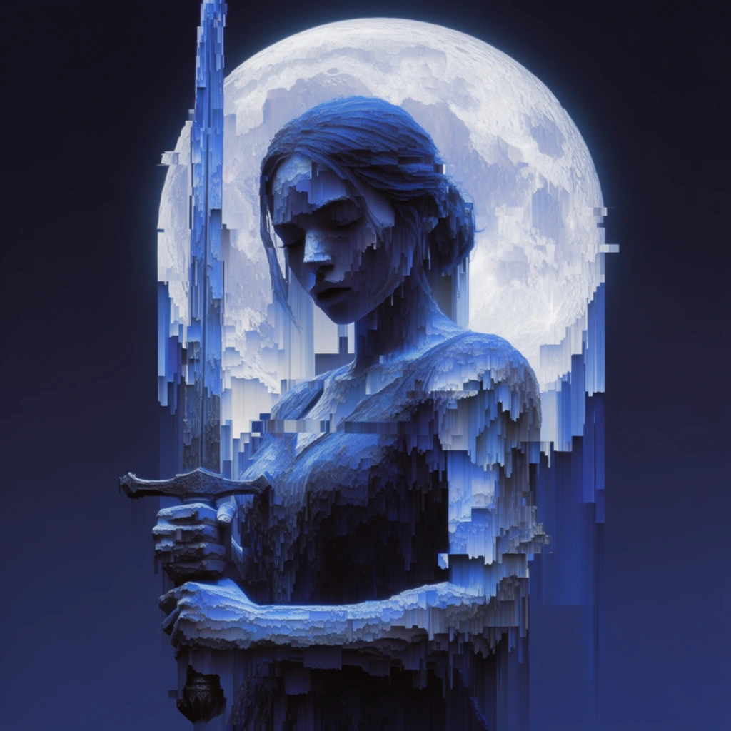 A woman gripping a sword stands before a full moon, rendered in stark monochromatic blue, navy, and white 3D glitch art. The woman's figure and the blade exhibit heavy digital fragmentation, with their edges dissolving into cascading vertical pixel-sorted streaks and blocky extrusions. The luminous moon behind her shares this databent distortion, its circular form pulled downward by rigid digital smearing. Deep contrasting shadows and ethereal glowing highlights define the forms, creating a surreal environment characterized by statuesque digital decay and pronounced databending artifacts.