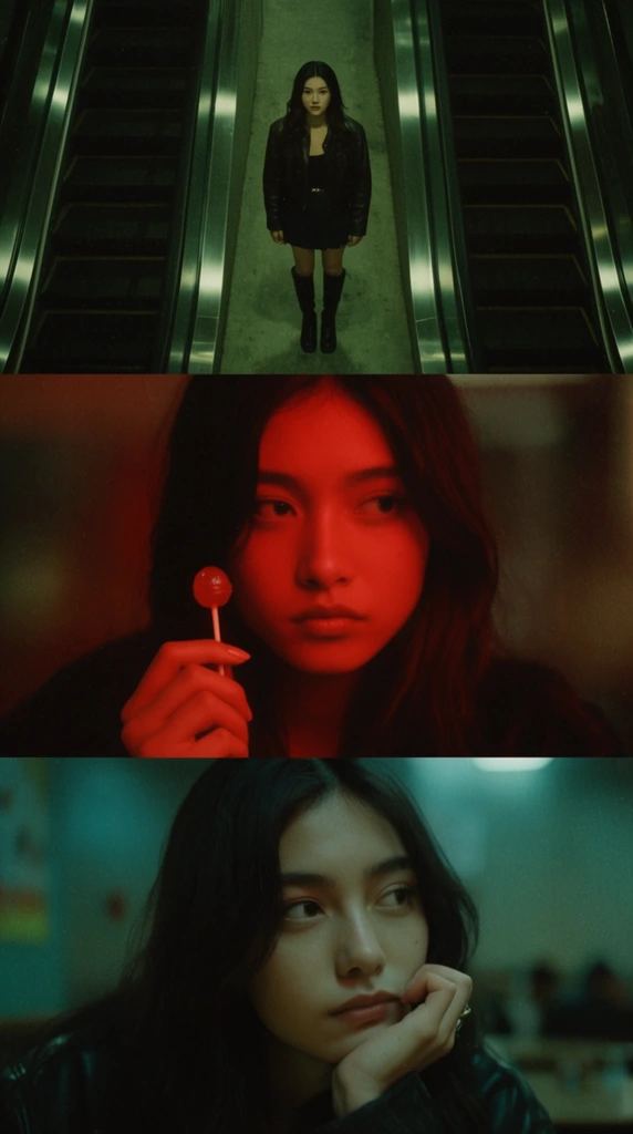 A vertical triptych of cinematic film stills featuring a young woman with long dark hair. The top frame captures a high-angle view of her standing between dark escalators, wearing a black leather jacket, dark skirt, and tall boots under greenish industrial lighting. The middle panel is a tight portrait bathed in intense red light, holding a small lollipop near her face with a neutral expression. The bottom section shows her resting her chin on her hand looking away, illuminated by cool teal ambient light. The entire stacked composition features heavy film grain, deep shadows, and distinct moody color grading.