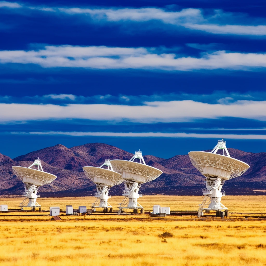 Four massive white radio telescope dishes are aligned across a vast plain of bright golden-yellow dry grass. Small white utility structures dot the sunlit ground near the towering antennas. A rugged range of purplish-brown desert mountains rises in the background beneath a deep, vibrant blue sky streaked with horizontal bands of bright white clouds. The wide-angle landscape photography features intense color saturation and high contrast, emphasizing the stark white technological forms against the warm earthy tones and immense atmospheric scale.