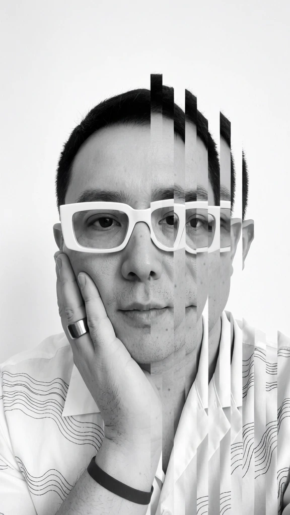 A black and white artistic portrait features a man's face partially fragmented into vertical strips against a plain white background. The subject is a man with short, dark hair and a neutral expression. On the left side of the image, his face remains whole from the forehead to the chin, with his hand resting against his jaw and his fingers slightly spread across his cheek. He wears thick, rectangular, white-framed glasses and a wide, metallic ring on his ring finger. A dark band is visible around his wrist. The man's light-colored shirt is decorated with thin, wavy, horizontal line patterns. Beginning from the center of his face and moving toward the right, the image is decomposed into a series of narrow vertical rectangular strips. These strips vary in height and are vertically misaligned, creating a staggered, cascading effect that breaks up the continuity of his eye, ear, and shoulder. The lighting is bright and even, casting minimal shadows and emphasizing the stark contrast between the black and white tones of the subject and the blank white environment. The composition utilizes a close-up perspective and a surrealist collage style to create a graphic, geometric interpretation of a human portrait.