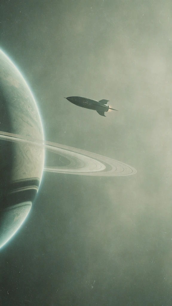 cinematic retro-futuristic wide shot, a small sleek rocket ship silhouette drifting centrally, positioned near a massive gas giant planet with glowing rings, desaturated teal and sage green color palette, heavy vintage film grain, soft diffused lighting, surreal minimalist composition, 35mm analog film aesthetic, hazy ethereal atmosphere, nostalgic 1970s sci-fi mood, low-fidelity texture, moody and liminal space landscape, high contrast subject against a vast hazy background.