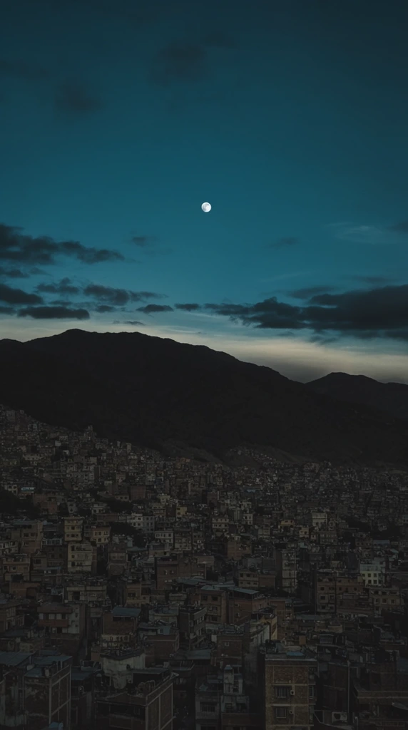 A dense cityscape rests in the shadow of a massive dark mountain silhouette under a moody, deep teal twilight sky. A solitary bright moon hangs near the center of the expansive blue atmosphere, bordered by scattered dark horizontal clouds and a pale glowing horizon line above the peaks. Below, tightly packed, blocky buildings cascade down the hillside, rendered in muted earth tones, grays, and deep shadows. The vertical composition emphasizes the vast cinematic sky contrasting with the heavy terrain and the intricate, repetitive textures of the underexposed urban sprawl in the immediate foreground.